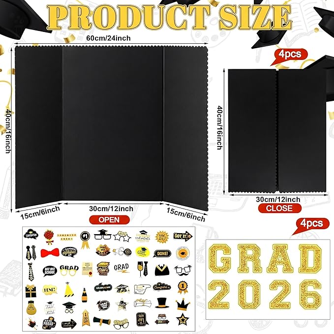 MiniInflat 4 Set 2026 Graduation Picture Trifold Poster Board Double-Sided Foldable Photo Display Board Graduation Decoration for Class of 2026 High School College DIY Craft(Gold,24 x 16 Inches)