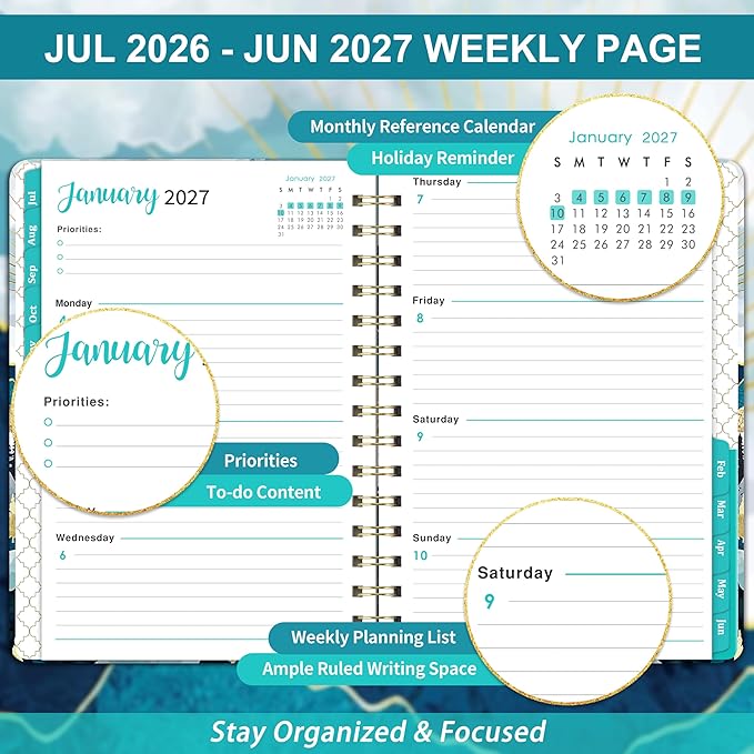 2026-2027 Planner - JUL 2026 - JUN 2027, Academic Weekly Monthly Planner 2026-2027 with Tabs, 6.3" x 8.4", Back Pocket, Hardcover
