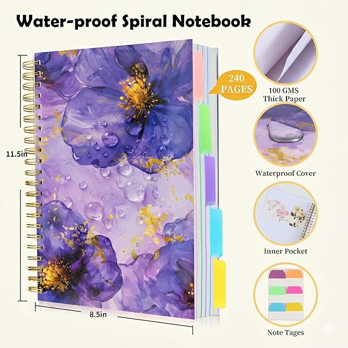 5 Subject Notebook for Work with Removable Dividers Tabs, Large 8.5" x 11 Spiral Lined Notebooks for School Note Taking & Organizer, A4 240 Pages College Ruled Journal for Women & Writing, Purple Floral