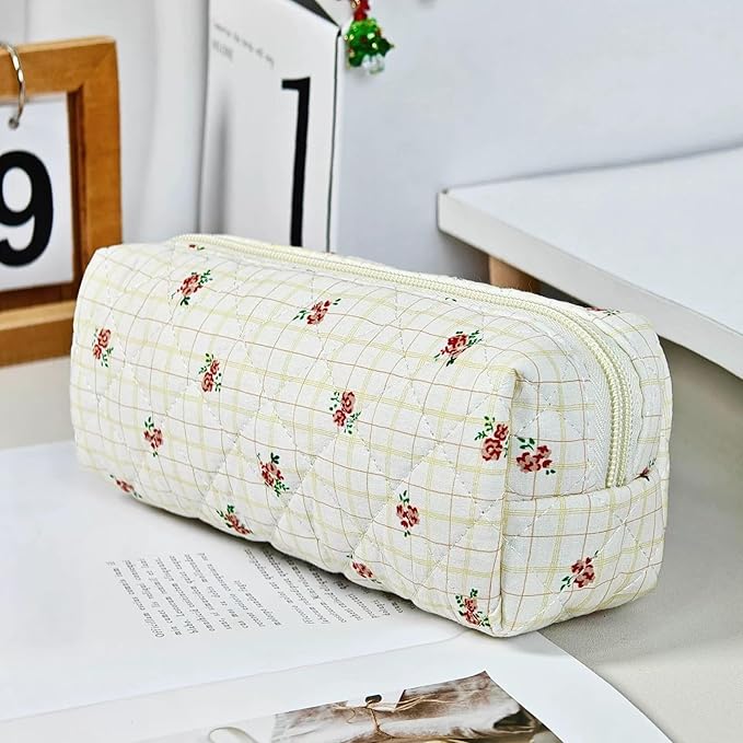 Pencil Case Office College School Storage Bag Pouch Holder Box Organizer Makeup Pouch Cosmetic Bag Aesthetic Cute Pen Case for Girls Boys Kids (Checkered flower)