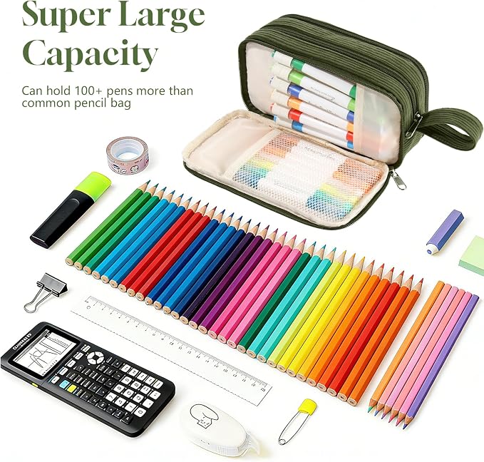Corduroy Pencil Case, Large Capacity Pencil Pouch with 4 Compartments, Cute Soft Aesthetic Stationery Pen Bag Organizer with Zipper, Portable School Supplies for Teen and Adult Girls, Olive Green