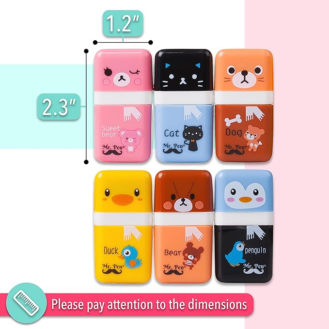 Mr. Pen- Eraser with Cover and Roller, 6 Pack, Animal Theme, Cute Erasers for Kids