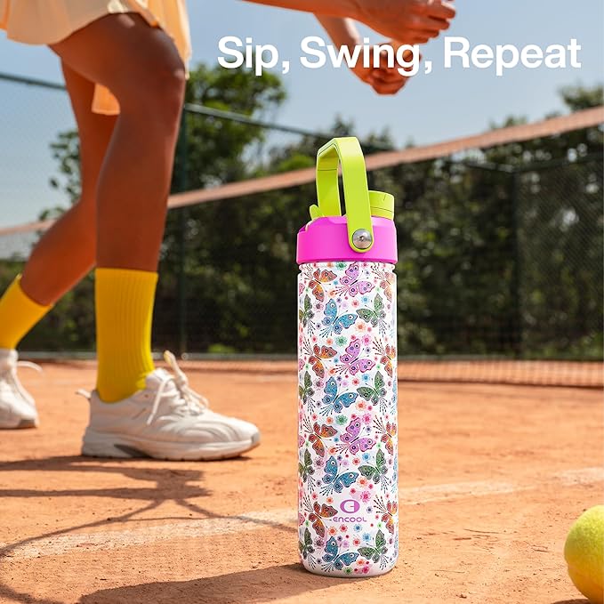 ENCOOL Insulated Water Bottle with Straw Stainless Steel Water Bottle, Leak-Proof, BPA-Free, Double Wall Vacuum Keeps Cold for 24 Hours for Sports, Travel, School (26 oz, Aesthetic Butterfly)
