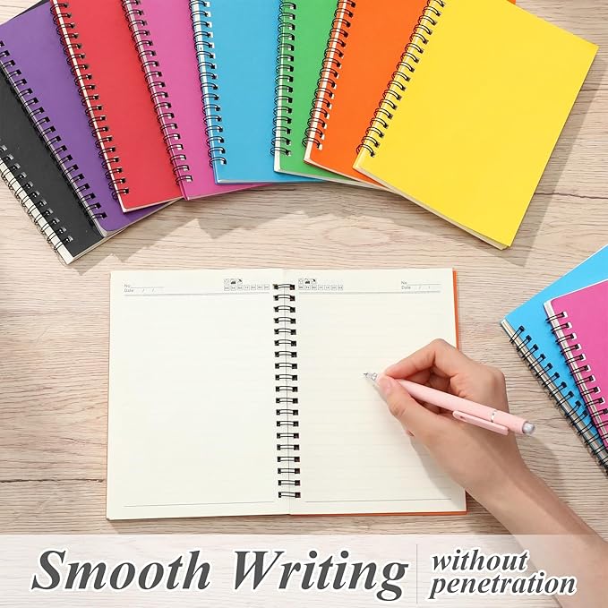 Leelosp 12 Pcs Small Spiral Notebook Lined Spiral Journal College Ruled Notebook Wire Bound Kraft Cover, 120 Pages for Work (Purple,Blue,Orange,Black,5 x 7 Inch)
