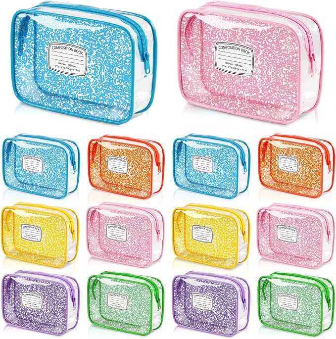 Suclain 12 Pcs Back to School Teacher Gift, Teacher Survival Kit Bag, Colorful Composition Book Zipper Cosmetic Pouches, Transparent PVC Pencil Case Waterproof Toiletry Makeup Bag for School Supplies
