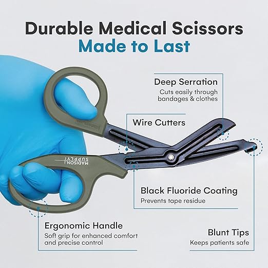 Madison Supply Trauma Shears - 7.5 Inch Green Medical Shears with Quality Stainless Steel, Non-Stick Fluoride-Coated Blades, High-Impact Handles - 2 Pack EMT Nurse Scissors (Black/Green)