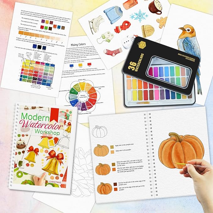 5Pcs Watercolor Workbook, Beginner-Friendly Water Coloring Book for Beginners with 36 Colors Paint Color with Paint Brush, Watercolor paper, Beginner Watercolor Painting Kit - Christmas Gift for Women
