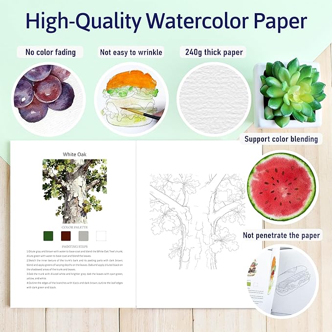 CraftyManor Watercolor Workbook Creative Fruit Water color Paint Book Set with Paints & Brush, 12 Patterns of Original DIY Designs, Beginner-Friendly Adult Coloring Books (Tree)