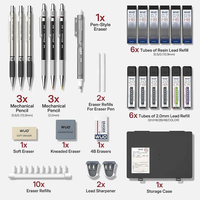 WUO 36PCS Art Mechanical Pencil Set with Storage Case, Metal Drawing Pencil | 0.5, 0.7, 0.9mm & 3PCS 2mm (2H HB 2B 4B Color) & 432 Lead Refills, 1 Eraser Pen, Artist Tech Pencils for Sketching, Drafting