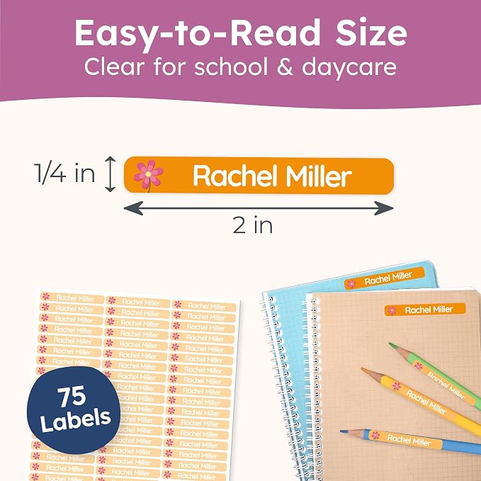 Personalized Kids Name Labels for Pencils Orange [75pcs] - Waterproof Name Stickers for School & Daycare - Pencil Custom Name Stickers - Children Name Stick On Labels for Pens (2.0”x0.3”)