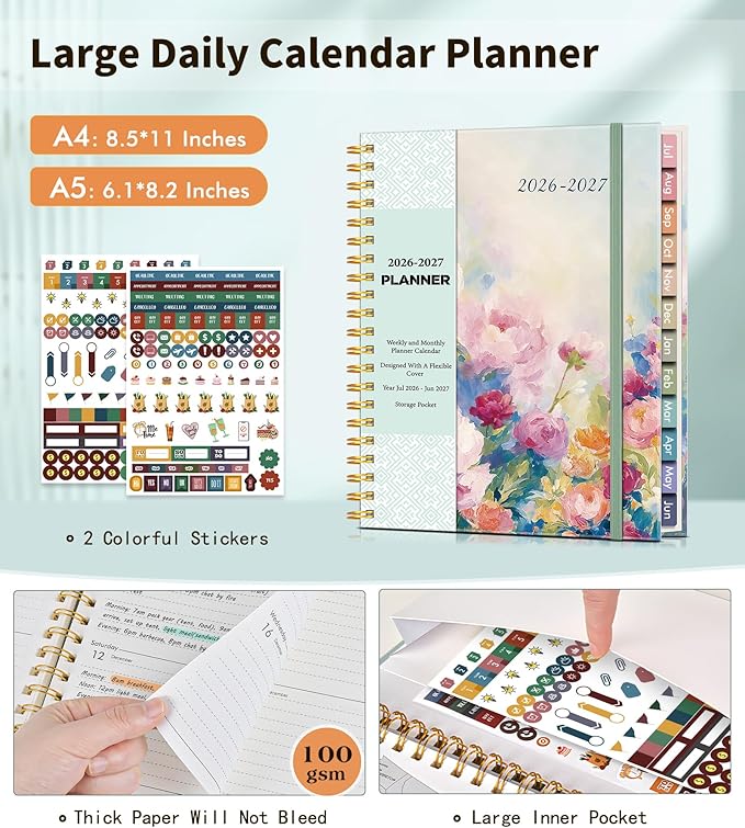 Academic Planner 2026-2027, Weekly and Monthly Calendar Planner from July 2026 - June 2027, 6.1" x 8.2" A5 Large Daily Agenda Book with Tabs, Flexible Cover, College School Organizer for Student Teacher,Watercolor Floral