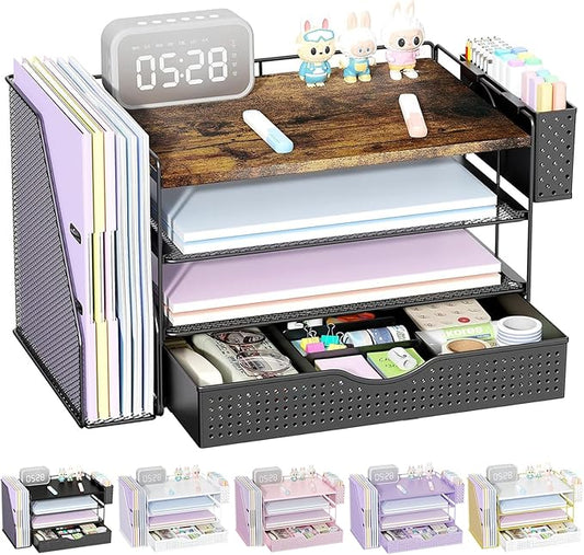 gianotter Wood Desk Organizers and Accessories with File Holder, 4-Tier Desk Accessories & Workspace Organizers with Drawer and Pen Holder, Desk Reference Organizer (Wood, 4T with Drawer)