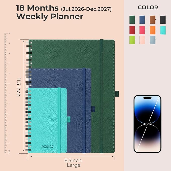 Planner 2026-2027 Daily Weekly and Monthly,11.5"x8.5",18 Months Spiral Bound Calendar Agenda with Self-adhesive Pen Holder,2026 Academic Plan with Vegan Leather Soft Cover,Blue