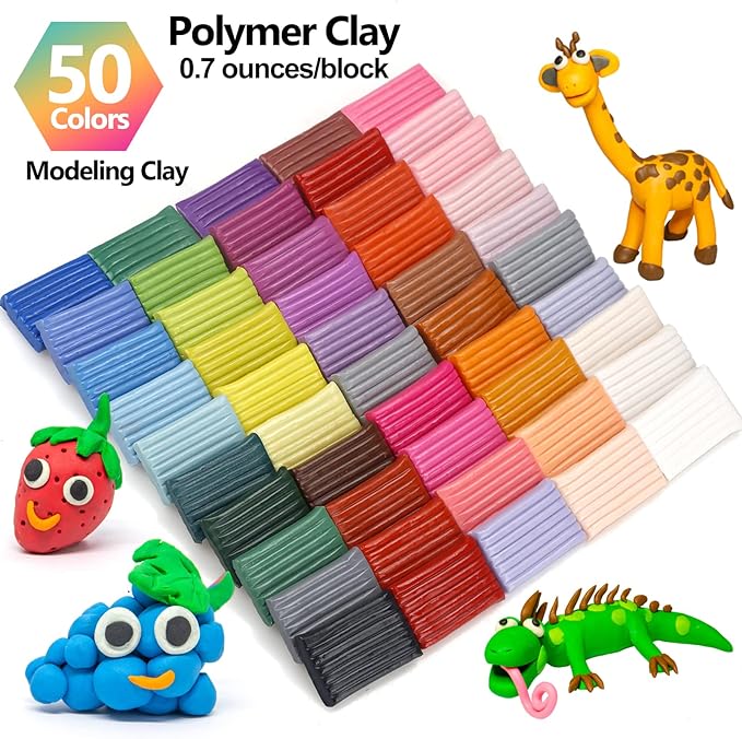 CiaraQ Polymer Clay 50 Colors Starter Kit - Oven Bake Modeling Clay for Kids & Artists, Non-Sticky DIY Clay with Sculpting Tools, Fun Gift for Children Ages 4+, 2.8 lb