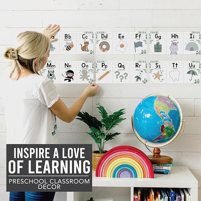 Hadley Designs Alphabet for Classroom Wall Decor - ABC Posters for Classroom Wall Chart Preschool & Kindergarten, ABC Letters & Number Line Elementary, Alphabet Cards, Greenery Classroom Decor