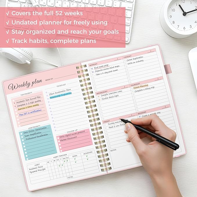Oucaru Undated Weekly Planner, A5 To Do List Notebook with Goal & Habit Tracker Organizer, 52 Weekly Planner Notebook with Spiral Binding for Office Home School Supplies