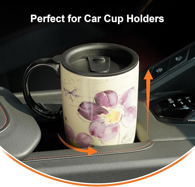 Topadorn Tall Ceramic Travel Mug 17 oz. Coffee Cups Sealed Lid With Color Box (Purple Flower)