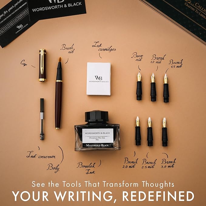 Wordsworth & Black Calligraphy Pen Gift Set, Includes Ink Bottle, 6 Ink Cartridges, A Refill Converter, 6 Replacement Nibs, Journaling, Smooth Writing Pens [Brown Gold]
