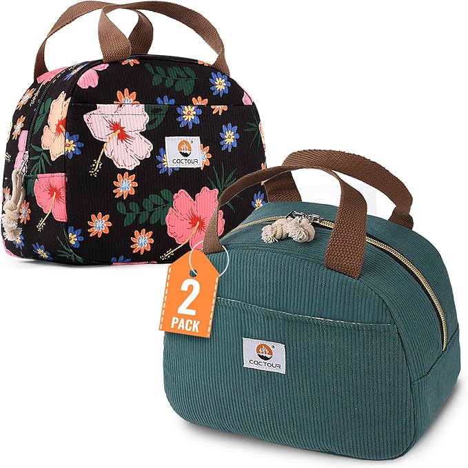CaCTOUR Lunch Box for Women Girls Teens,Cute Lunch Box Cooler Bag, Portable Insulated Small Lunch Bag Women Reusable Corduroy Lunch Tote for Work/Travel/Picnic/School (Flower/Lake Green,Small)