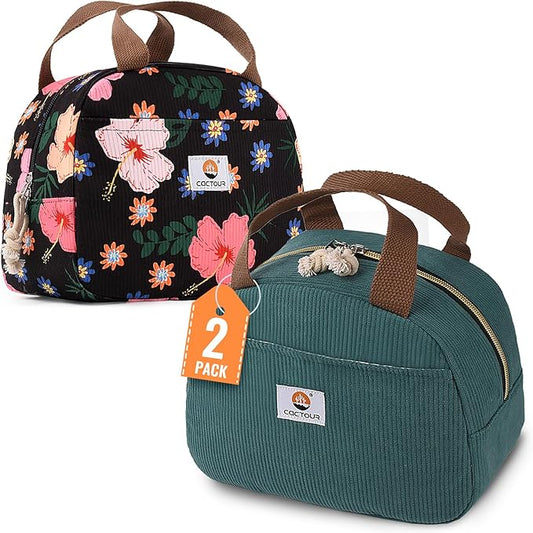 CaCTOUR Lunch Box for Women Girls Teens,Cute Lunch Box Cooler Bag, Portable Insulated Small Lunch Bag Women Reusable Corduroy Lunch Tote for Work/Travel/Picnic/School (Flower/Lake Green,Small)