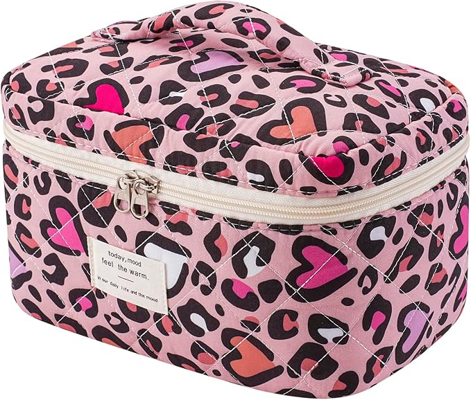 uekeboag Large Travel Quilted Makeup Bag for Women | Soft Floral Cotton Cosmetic Bag, Foldable Coquette Aesthetic Toiletry Organizer