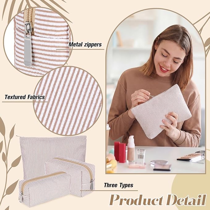 Huhumy 3 Pcs Makeup Bag Set Cute Stripe Cosmetic Pouch for Women Aesthetic Seersucker Travel Toiletry Bag Set Preppy Small Makeup Purse Pouch Cosmetic Organizer Pencil Case with Zipper(Khaki)