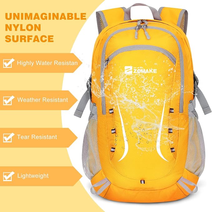 ZOMAKE Lightweight Packable Backpack 35L, Foldable Backpacks Water Resistant Collapsible Light Daypack for Hiking(Yellow) | Light Hiking Backpacks Water Resistant Collapsible Day Pack for Travel, Everyday Carry, Multi-Pocket Layout, Heavy Duty Nylon