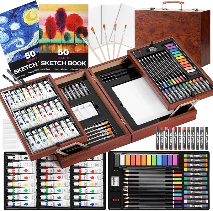 Color More Art Set, Deluxe Drawing Kit Supplies with Acrylic Paints, Drawing Pads, Crayons, Color Pencil Set, Watercolor Paint Set in Wooden Art Box, Arts and Crafts for Kids & Adults, Birthday Gift