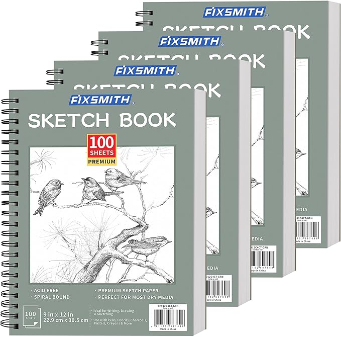 FIXSMITH 9"X12" Green Sketch Book, 400 Sheets (68 lb/100gsm) Spiral Sketchbook, Acid Free Drawing Paper, Sketch Pad for Beginners,Artists & Professionals, Bright White