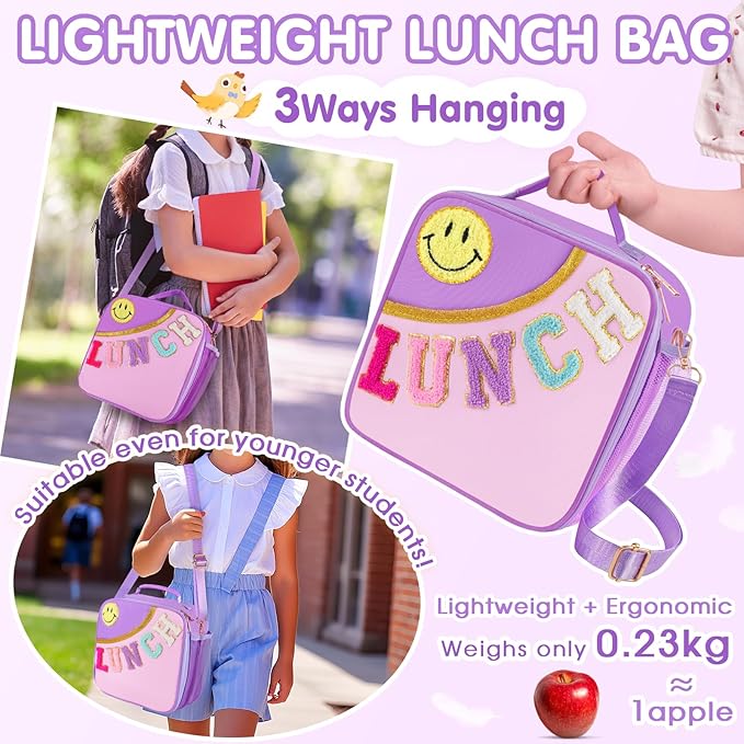 Nsrzua Lunch Bag Kids,Insulated Lunch Bag With Adjustable Shoulder Strap,Reusable Lunch Bag for Kids, Girls,Boys, lunch Bag Women,Preppy Lunch Box for School,Travel, Picnic (purple)