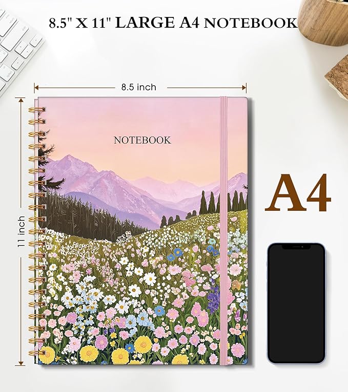 Spiral Notebook Journal 8.5” x 11”, A4 Large Notebooks for Women Men, College Ruled Lined Journal, 100 GSM Paper, Hardcover Spiral Bound Journals for Work School Note Taking, Wildflower Mountainside