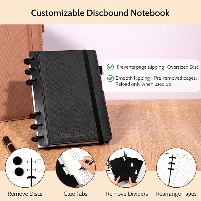 Yoment Leather Notebooks for Work Refillable 224 Page Lined Journal for Men, 100 GSM Thick 5 Subject Notebook with Removable Dividers Tabs Hardcover Notebook for School Note Taking 6.1 x 8.3,Black
