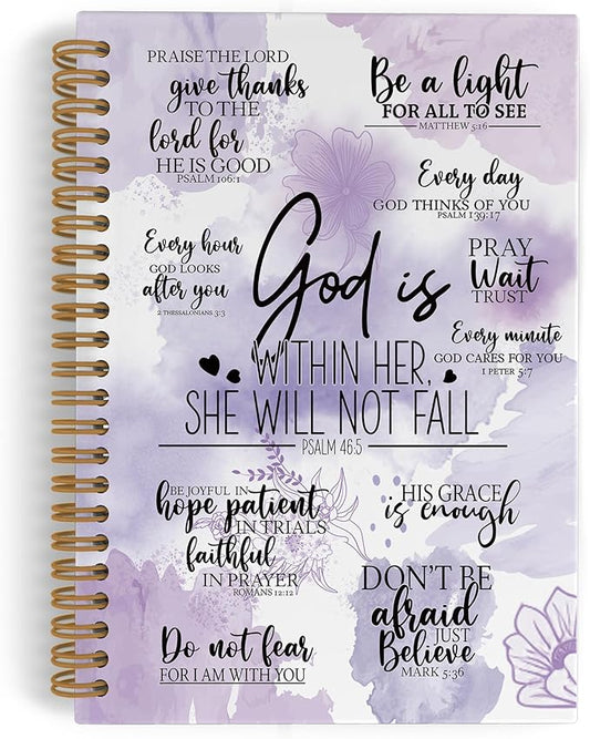 QLMX Purplle Christian Gifts for Women Spiral Notebook, God Is Within Her She Will Not Fall Journal Notebook, Bible Notebooks for School Work, Inspirational Religious Office Supplies Gifts, 5.5x8.3In