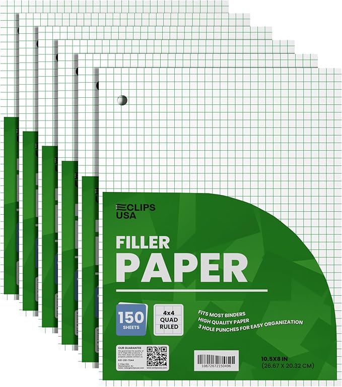 Graph Paper Loose Leaf Paper Quad Ruled Notebook Paper Quad Ruled 4” x 4” Square Lined Writing Filler Paper 10.5” x 8” 900 Sheets 150 Sheets Per Pack 60 gsm (6 Pack)