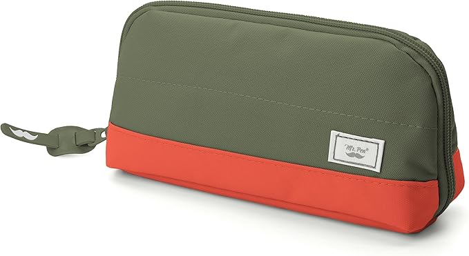 Mr. Pen- Fabric Pencil Case Pouch, 5 Mesh Pockets, Olive Green & Orange, Triangular Shape Pencil Pouch