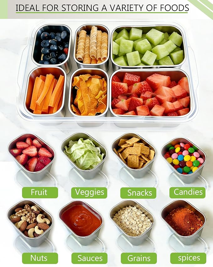 Snackle Box Container, 6-Compartment Stainless Steel Snack Box, Dishwasher Safety Snack Tray with Lid and Handle, Large Divided Serving Tray for Travel, Picnic, Beach, Pool and Parties