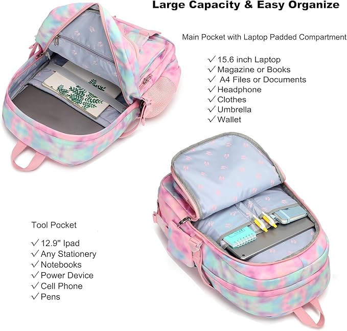 Hidds Laptop Backpacks 15.6 Inch College Backpack Elementary Middle High School Book Bag Kids Cute Bookbags Anti Theft Travel Back Pack Casual Daypack for Teens Girls Women Students (Tie-Dye Pink)