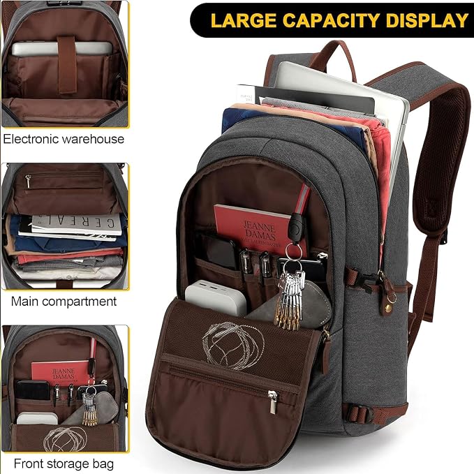 Tzowla Canvas Laptop Backpack-Anti Theft Bag for Men Women,Rucksack Fits 15.6Inch Laptop, Work Travel Bookbag with Lock
