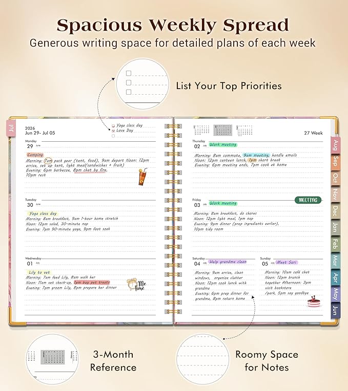 Academic Planner 2026-2027, Hardcover Weekly and Monthly Calendar Planner from July 2026 - June 2027, 6.1" x 8.2" A5 Daily Agenda with Tabs, College School Organizer for Student Teacher, Vibrant Watercolor