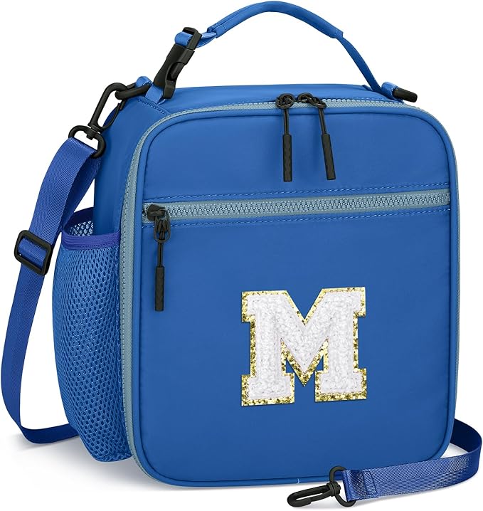 Initial Insulated Lunch Bag for Boys Kids, Back to School Gift, Reusable Leak-proof Lunch Box with Adjustable Strap for School Daycare Travel Picnic（Blue，M）