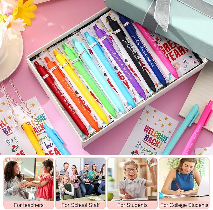 MotiMind 100 Set Welcome Back To School Supplies Gift Bulk Include Greeting Card with Tie and Inspirational Ballpoint Pen First Day of School Gift for Student Classmate Teacher Classroom (Vivid Color)