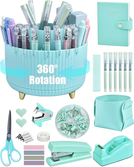 LXEVIHK Green Desk Accessories, 20Pc Office Supplies and 360°Pen Holder Desk Organizers, With Tape Dispenser, Stapler, Staple Remover, Ect, Let the Color Green Fill Your Desktop