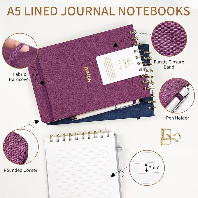 A5 Top Spiral Notebook – Hardcover Journal 160 Pages 100 GSM Thick Paper With Elastic Band & Pen Holder Steno Pads College Ruled Writing Notebooks for Work School Travel purplish-red