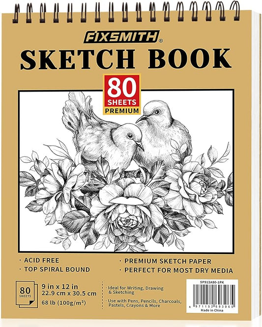 FIXSMITH 9"X12" Sketch Book | 80 Sheets (68 lb/100gsm) Sketchbook | Top Spiral Bound Artist Sketch Pad | Acid Free Drawing Pad | Ideal for Kids, Beginners, Artists & Painters | Bright White