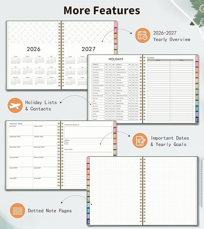 Academic Planner 2026-2027, Weekly and Monthly Calendar Planner from July 2026 - June 2027, 6.1" x 8.2" A5 Large Daily Agenda Book with Tabs, Flexible Cover, College School Organizer for Student Teacher,Green