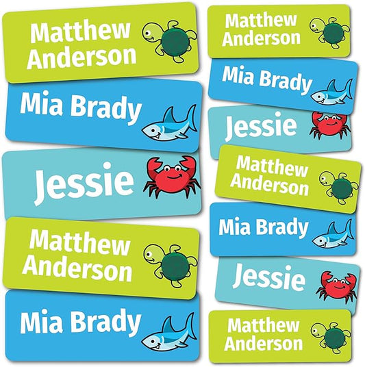 Kids Personalized Name Labels for School, Camp, Daycare (128 Labels) Custom Peel and Stick Waterproof Name Tags Stickers for Water Bottles, Lunch Boxes, Clothing Tags, School Supplies (Under The Sea)