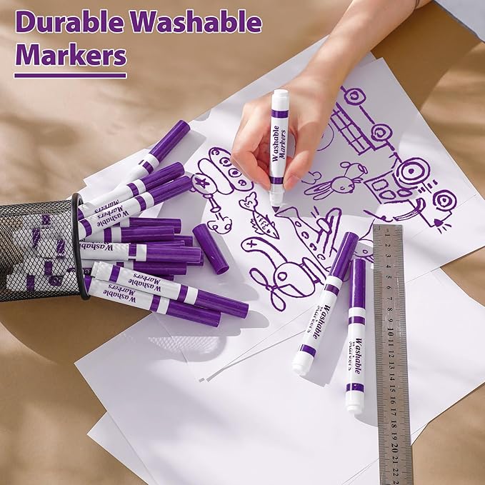 36 Pcs Purple Washable Markers Bulk Coloring Broad Line Markers for Kids Conical Tip Drawing Pen for Christmas, School Supplies, Travel Art Baby Shower Gender Reveal Party Supplies, Ages 6+