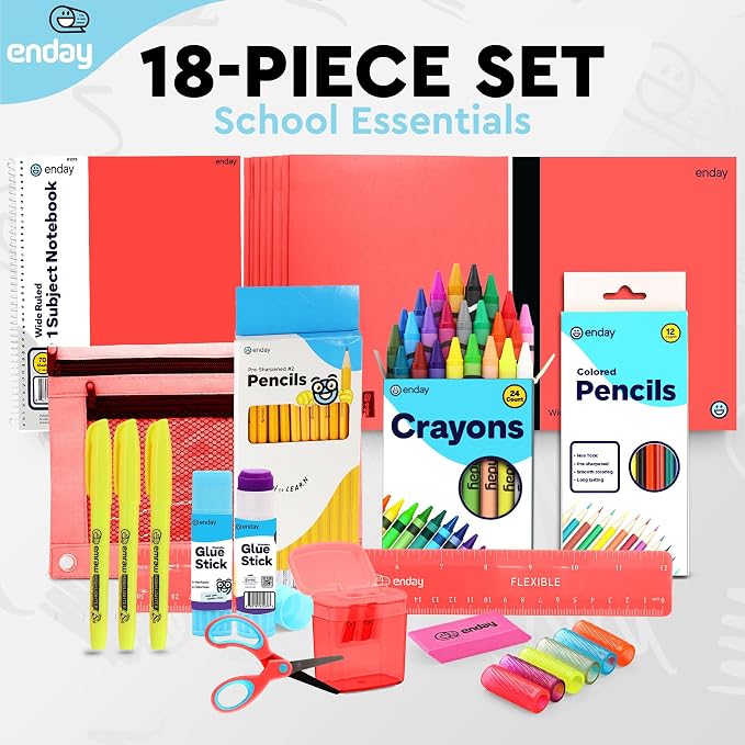 Enday Back to School Supplies for Kids, Red School Supply Box Grades K-5, Premium Quality Kids School Supplies Kit, Kindergarten Supplies for Girls and Boys, 78 Piece Set