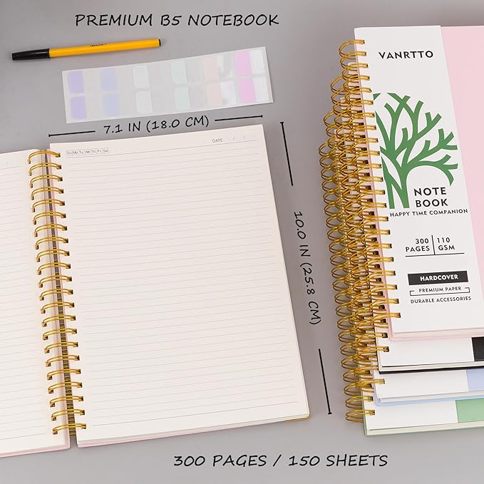 VANRTTO Hardcover Spiral Notebook, B5 Notebooks College Ruled, 110 GSM Thick Lined Paper Notebooks for Work, School and Travel, 300 Pages Journals for Writing, Large Journal for Women and Men Blue B5