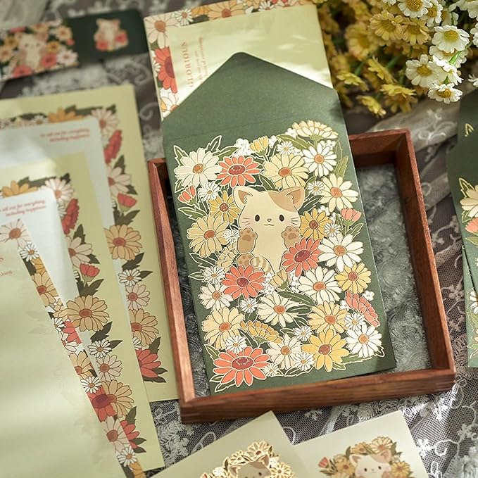 48 Pcs Stationery Paper Envelopes Set Includes 24 Lined Writing Paper & 12 Envelopes with 12 Stickers, Cute Cat Animal Love Letter Writing and Stationery Paper Envelopes(4Style)